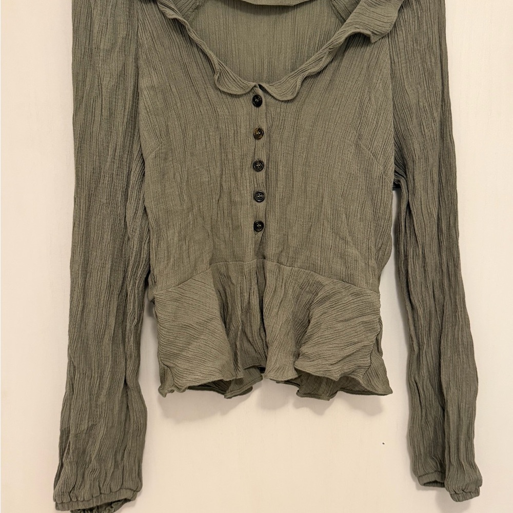 Topshop Olive Button-Up Ruffle Blouse - Picture 2 of 6